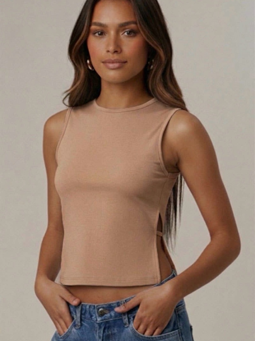 Sleeveless Mock Neck Top with Adjustable
Side Slit Tie Taupe - Picture 1 of 5